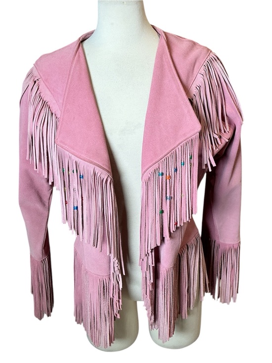 Vintage Jackets & Blazers - Vintage 1980’s Pink Suede Boho Western Mexican Beaded Jacket